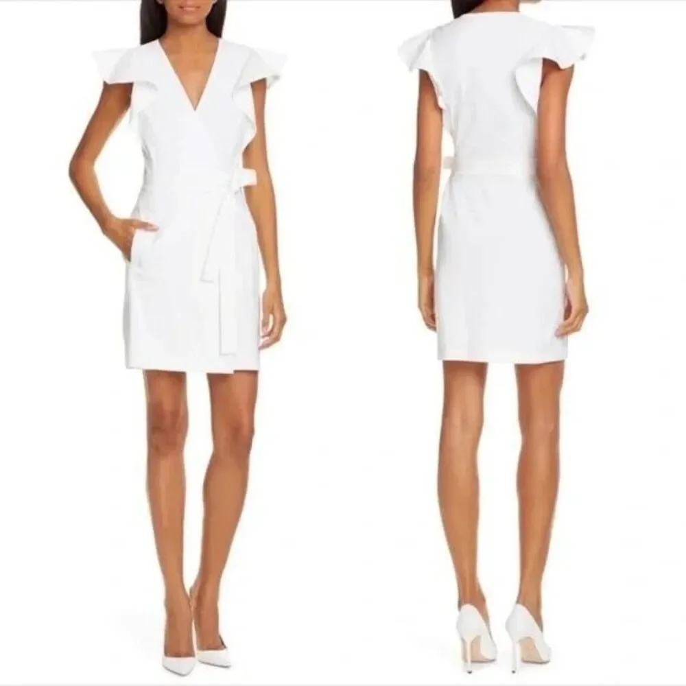 A.L.C. Sidelle white ruffle sleeve wrap dress 10 linen stretch V-neck mini Short - Picture 16 of 16